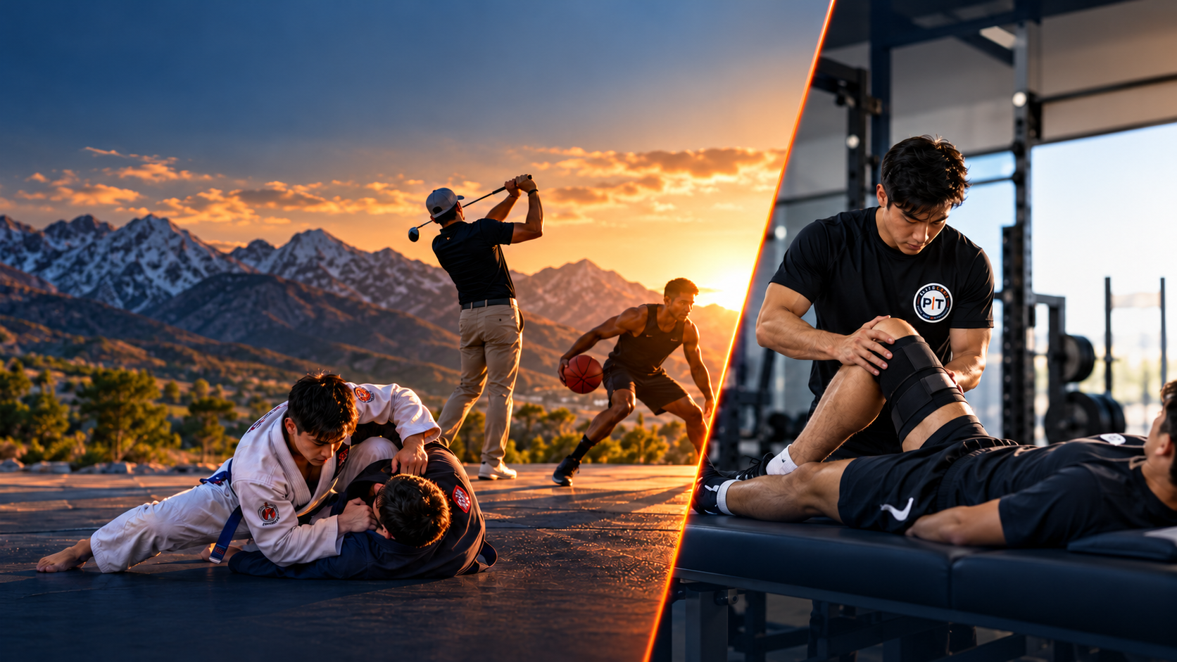Athletes training outdoors at sunset